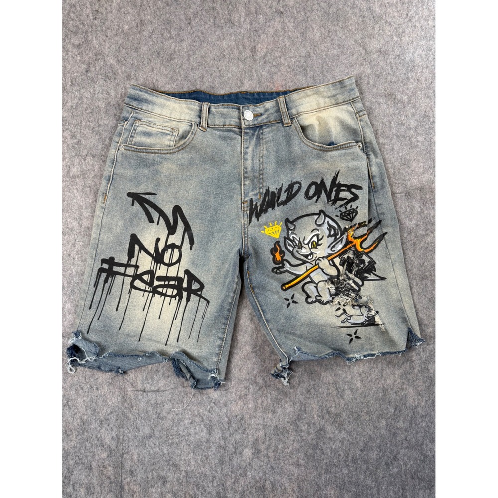 D'ANDIJIESHEN Denim Shorts Mens 34 Blue Graphic Wild Ones Grunge Streetwear Y2K